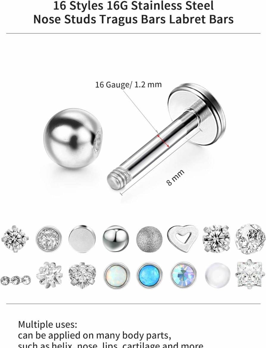 Chuangdi Body Piercing Studs | Chuangdi 16 Pieces 16 G Stainless Steel Nose Studs Tragus Labret Nose Lips Piercing Assorted Design Piercing Jewelry For Women