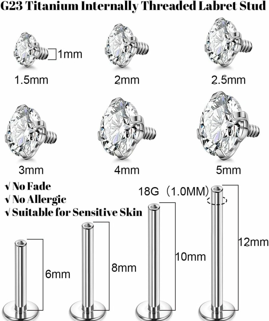 Vegolita Body Piercing Studs | Vegolita G23 Titanium Labret Studs 16G 18G Internally Threaded Lip Monroe Studs For Sensitive Skin Cz Cartilage Tragus Helix Studs Earring Medusa Piercing Jewelry 6/8/10/12Mm