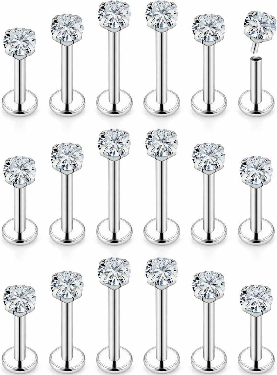 Yaalozei Body Piercing Studs | Yaalozei 20G 18G 16G Push In Lip Labret Nose Rings Studs Surgical Steel Monroe Cartilage Helix Tragus Earring Stud Piercing Jewelry For Women Men 6Mm 8Mm 10Mm Bar Clear Cz 2Mm 2.5Mm 3Mm