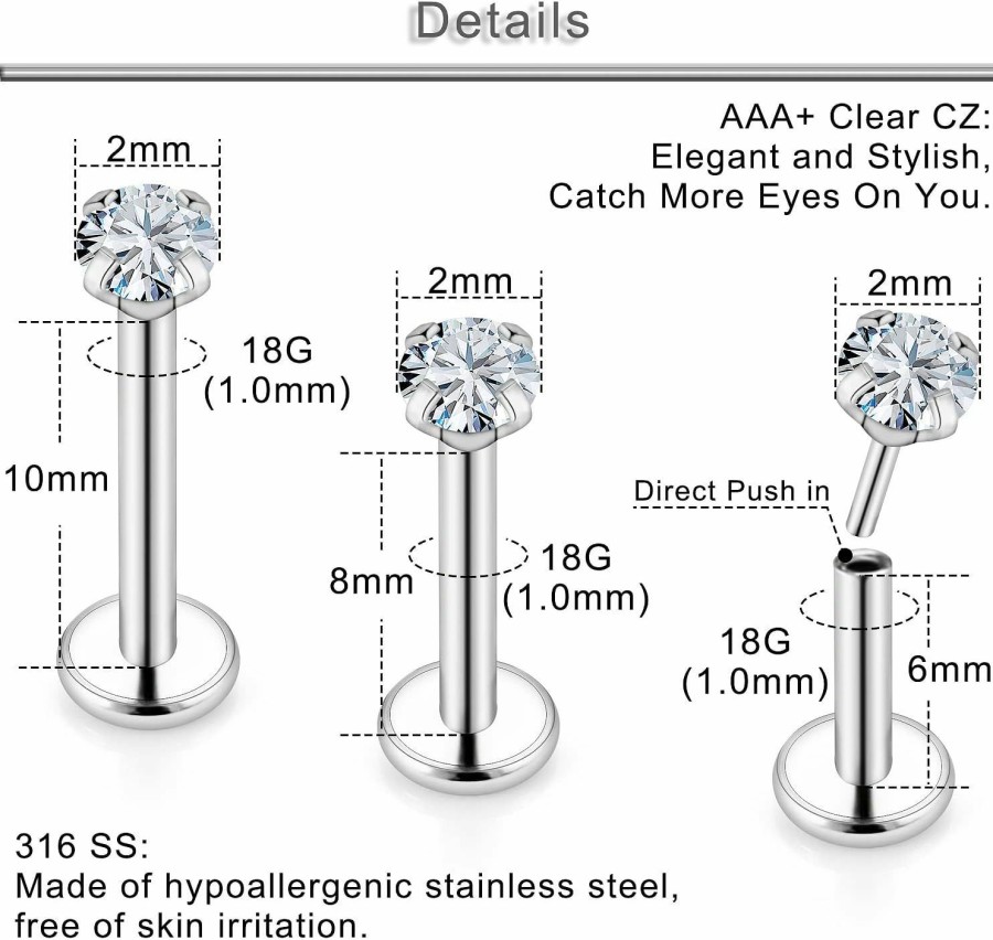 Yaalozei Body Piercing Studs | Yaalozei 20G 18G 16G Push In Lip Labret Nose Rings Studs Surgical Steel Monroe Cartilage Helix Tragus Earring Stud Piercing Jewelry For Women Men 6Mm 8Mm 10Mm Bar Clear Cz 2Mm 2.5Mm 3Mm