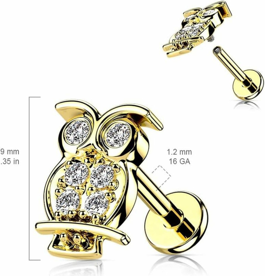 Pierced Owl Body Piercing Studs | 16Ga 316L Stainless Steel Cz Crystal Paved Owl Internally Threaded Stud (Silver Tone)