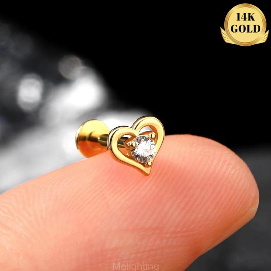 Melighting Body Piercing Studs | Melighting 14K Solid Gold Cartilage Earring 16G Gold Heart Flat Back Earring Helix Piercing Jewelry Internally Threaded Curved Cz Gold Labret Jewelry For Women 8Mm