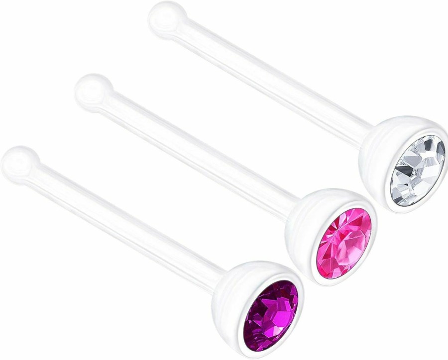 BanaVega Body Piercing Studs | 3Pcs Bioflex Nose Bone Stud Earring 18 Gauge 20G 0.8Mm Flexible Nostril Ring Clear Rose Crystal Piercing Jewelry - Choose Colors