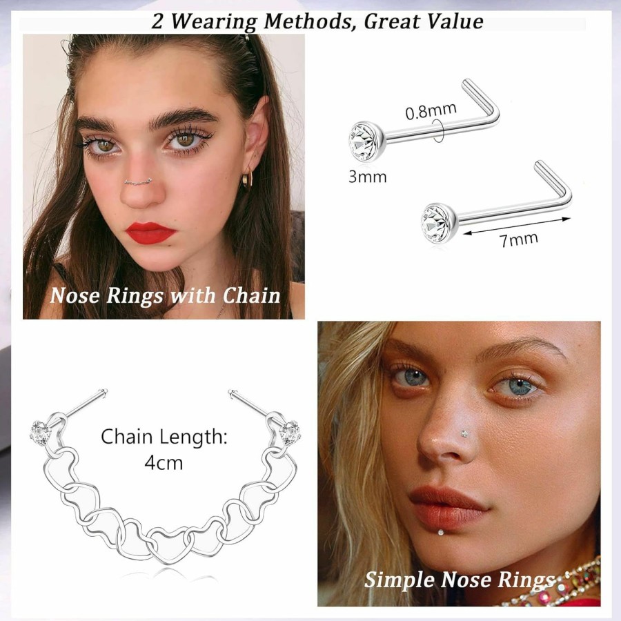 JOERICA Body Piercing Studs | Joerica Nose Chain Piercing Across Nose Stainless Steel Nose Ring Chain 20G Nose Stud With Nose Chain Nostril Heart Chain(3.5-4Cm) Gold Silver Nostril Nose Piercing Jewelry