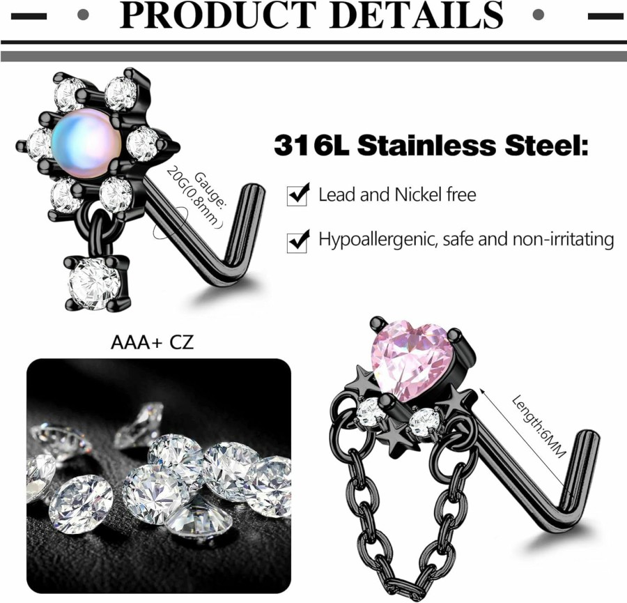 SAILIMUE Body Piercing Studs | Sailimue 9 Pcs 20G Dangle Nose Rings Studs For Women L Shaped Dangling Nose Studs Surgical Steel Heart Arrow Flower Moon Star Cz Dangling Nose Piercing Jewelry