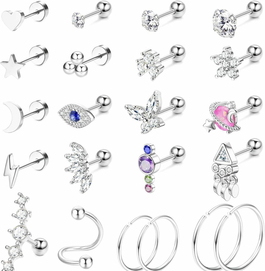 Drperfect Body Piercing Studs | Drperfect Cartilage Earring Set For Women Stainless Steel 18G Cz Butterfly Flower Star Moon Cartilage Stud Earrings 20G Cartilage Hoop Earrings Spiral Curved Dangle Cartilage Helix Tragus Conch Ear Piercing Jewelry