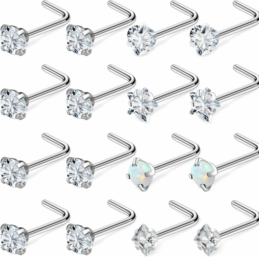 Kridzisw Body Piercing Studs | Kridzisw 18G 20G Nose Rings Jewelry Cubic Zirconia 3Mm Stainless Steel Straight Screw L Shaped Nose Rings Piercing Jewelryfor Women Men 16Pcs