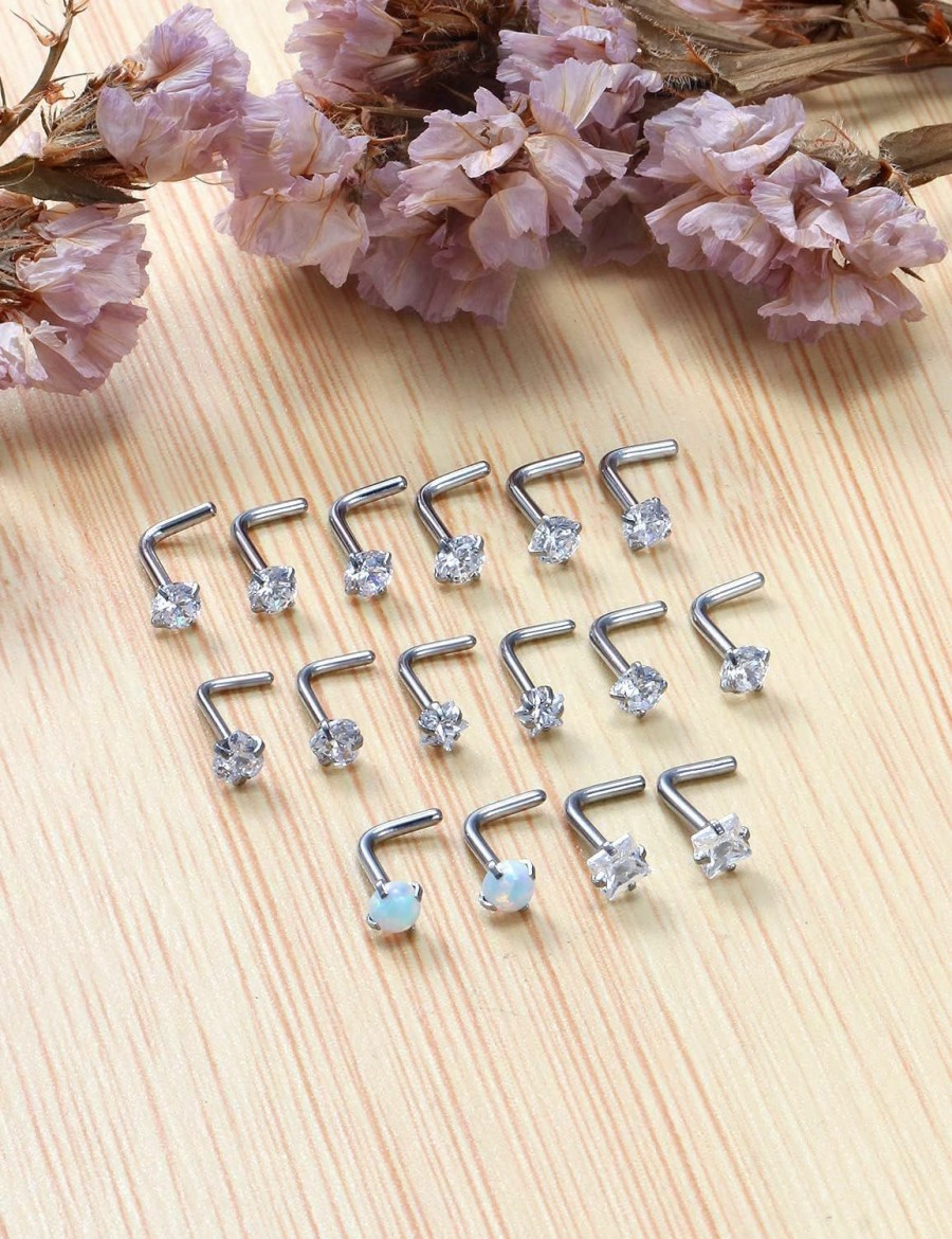 Kridzisw Body Piercing Studs | Kridzisw 18G 20G Nose Rings Jewelry Cubic Zirconia 3Mm Stainless Steel Straight Screw L Shaped Nose Rings Piercing Jewelryfor Women Men 16Pcs