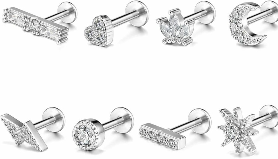 BOPREINA Body Piercing Studs | Bopreina 8Pcs 16G Cartilage Earring Stud For Women Stainless Steel Helix Tragus Earrings Cartilage Earrings Cubic Zirconia Tragus Helix Piercing Studs For Women Men Piercing Jewelry