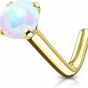 Forbidden Body Jewelry Body Piercing Studs | Forbidden Body Jewelry 14K Gold L-Shaped 20G Nose Ring With White Opalite Top