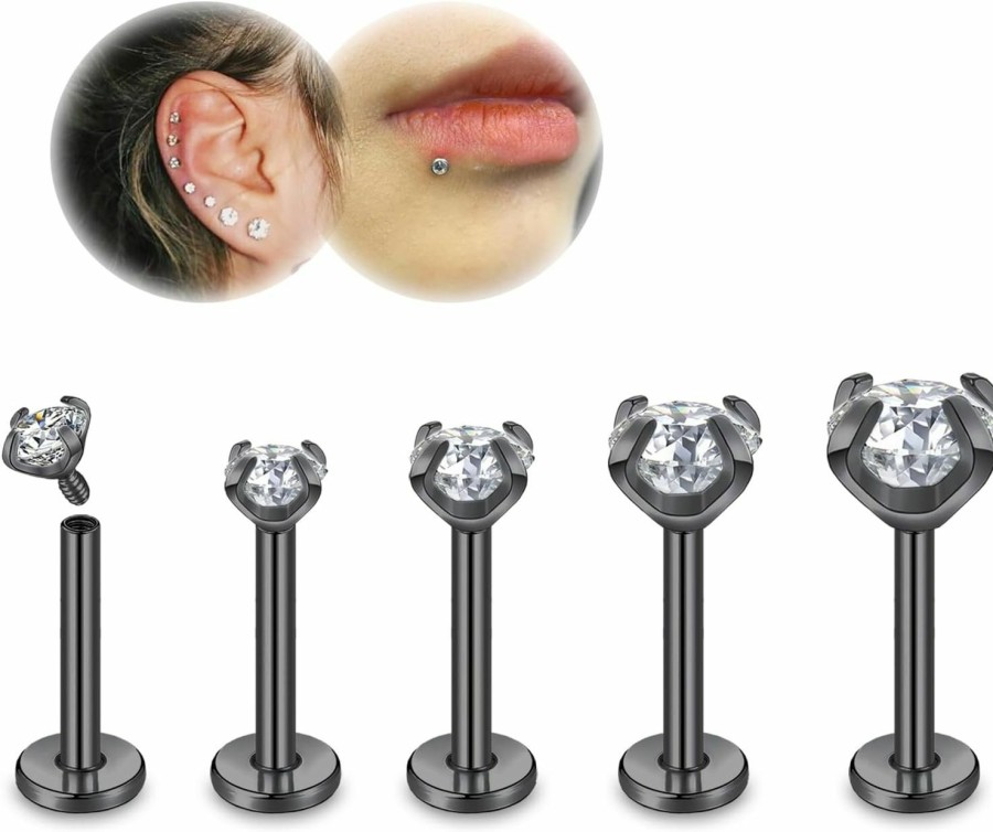 ZS Body Piercing Studs | Zs 16G/18G Lip Labret Studs, Stainless Steel Internally Threaded Jewelry For Nose Conch Medusa Piercing, Cz Forward Helix Tragus Earring For Women Men