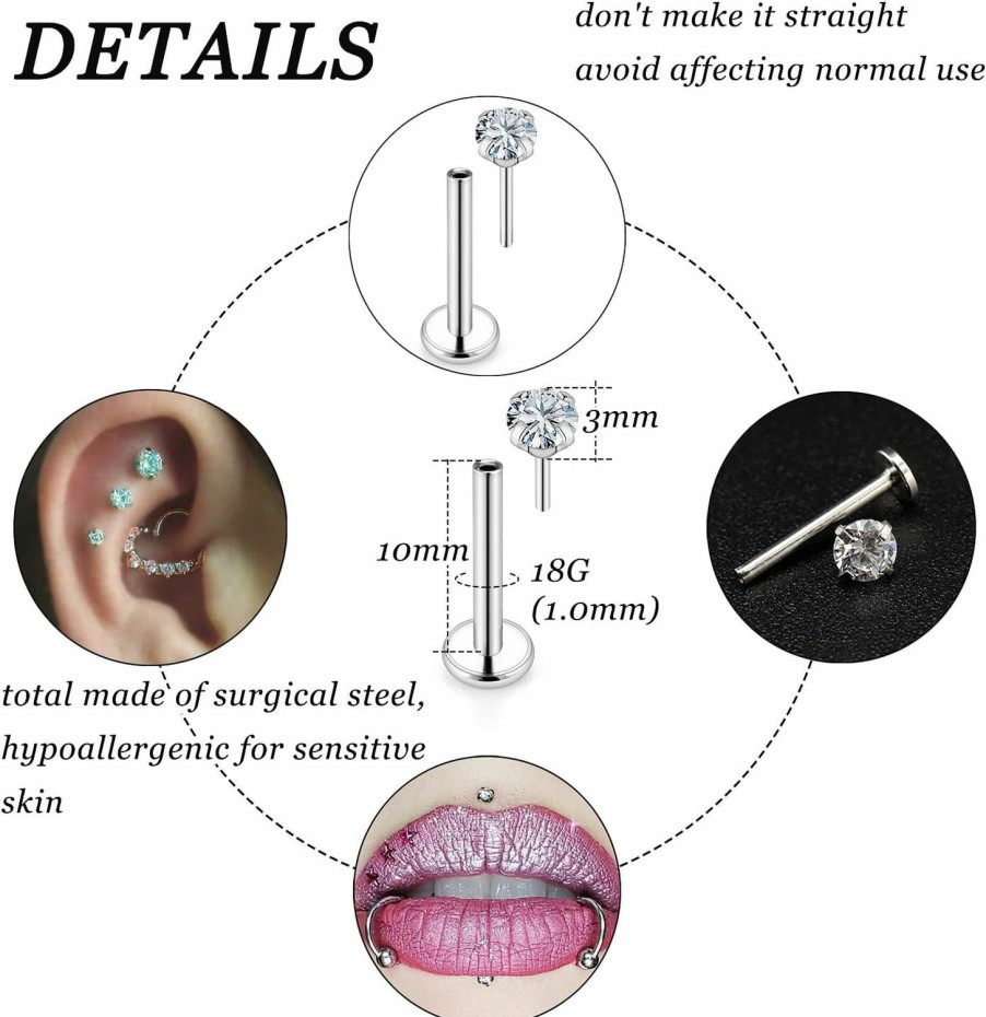 Vsnnsns Body Piercing Studs | Vsnnsns 20G 18G 16G Push In Lip Rings Stainless Surgical Steel Labret Jewelry Monroe Lip Rings Nail Cartilage Tragus Helix Earrings Studs Nose Ring Medusa Piercing Jewelry For Women Men Cz Opal 20Pcs