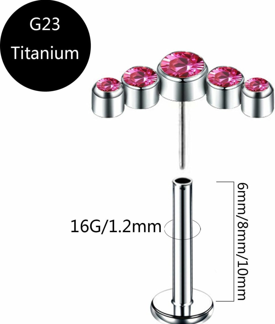 SQKXKLCZ Body Piercing Studs | 1Pc G23 Titanium 16G 6Mm/8Mm/10Mm Press Fit Threadless Push Pop Five Blue/Pink/White Cz Top 4Mm Flat Back Cubic Zirconia Piercing Lip Stud Earring Labret Monroe Lip Ring Tragus Cartilage Earring Stud