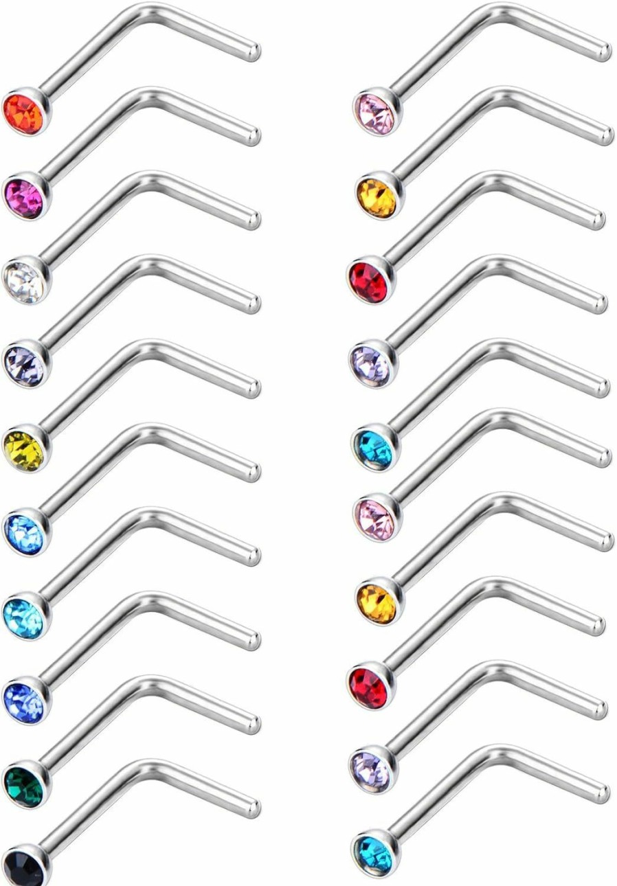 Sumind Body Piercing Studs | 20 Pieces L Shaped Nose Studs 20 Gauge Stainless Steel Nose Piercing Studs L Bend Shape Ring For Body Jewelry, Assorted Colors