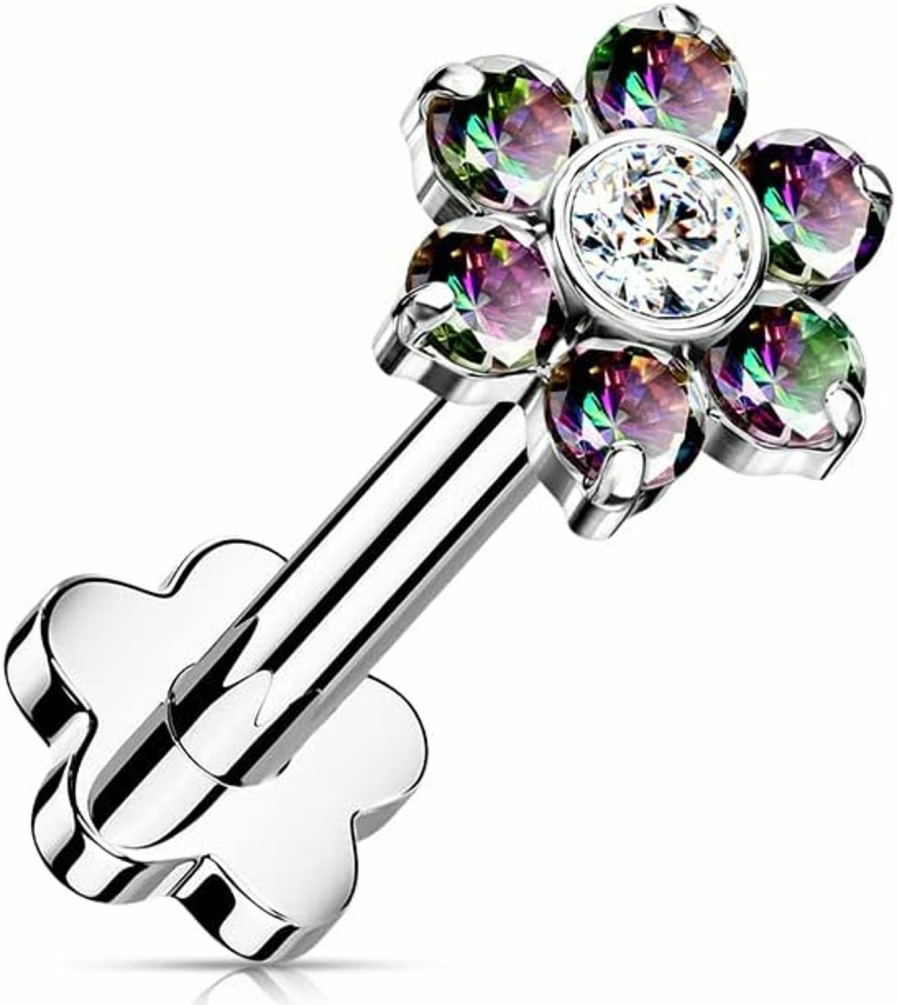 Dynamique Galerie Body Piercing Studs | Dynamique Implant Grade Titanium Threadless Push In Flower Base Labret, Flat Back Studs With Cz Flower Top For Cartilage, Monroe (Sold Per Piece)