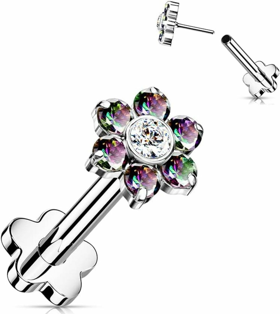 Dynamique Galerie Body Piercing Studs | Dynamique Implant Grade Titanium Threadless Push In Flower Base Labret, Flat Back Studs With Cz Flower Top For Cartilage, Monroe (Sold Per Piece)