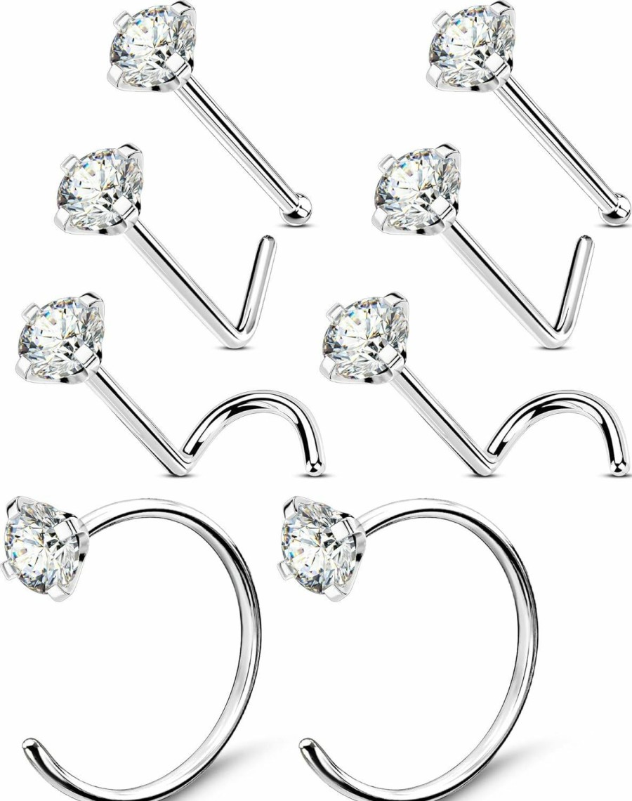 OUFER Body Piercing Studs | Oufer 8Pcs Nose Rings Studs, 316L Surgical Steel 20G Nose Studs L-Shaped Corkscrew, Classic Design Of Nose Rings Hoops With Shining Cz For Women And Men