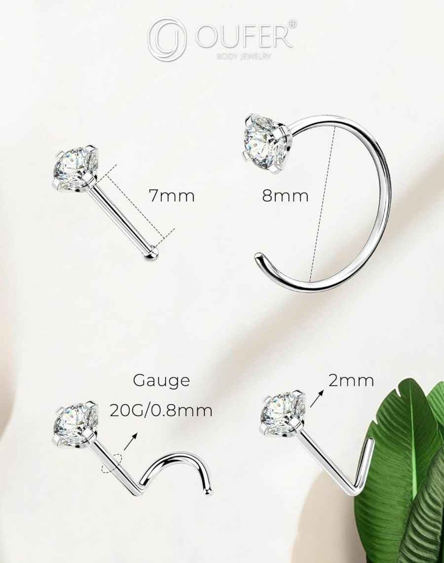 OUFER Body Piercing Studs | Oufer 8Pcs Nose Rings Studs, 316L Surgical Steel 20G Nose Studs L-Shaped Corkscrew, Classic Design Of Nose Rings Hoops With Shining Cz For Women And Men