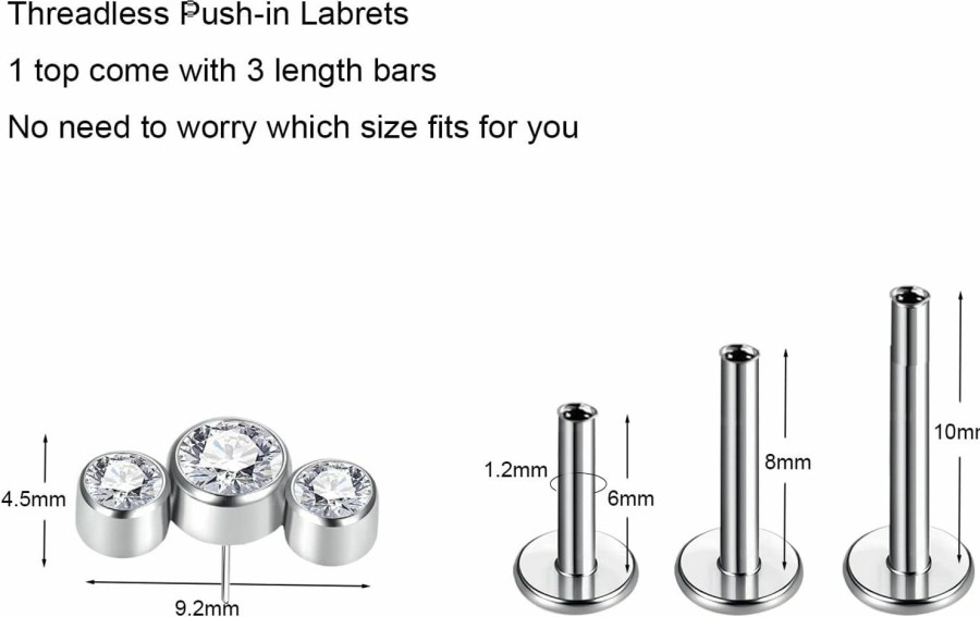 BelezaDosas Body Piercing Studs | Belezadosas G23 Titanium Labret Studs Threadless Push-In Labret Cz Press Fit 16G 6Mm 8Mm 10Mm Lip Cluster Tragus Helix Medusa Cartilage Monroe Push Back Earring Piercing Jewelry For Men Women