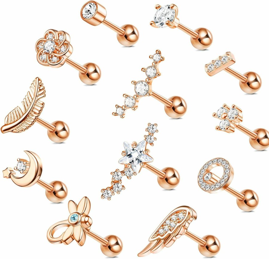 FASACCO Body Piercing Studs | Fasacco 12Pcs 18G Stainless Steel Barbell Helix Cartilage Stud Earrings Cz Leaf Dragonfly Flower Wing Moon Star Forward Helix Tragus Daith Conch Piercing Jewelry For Women Men