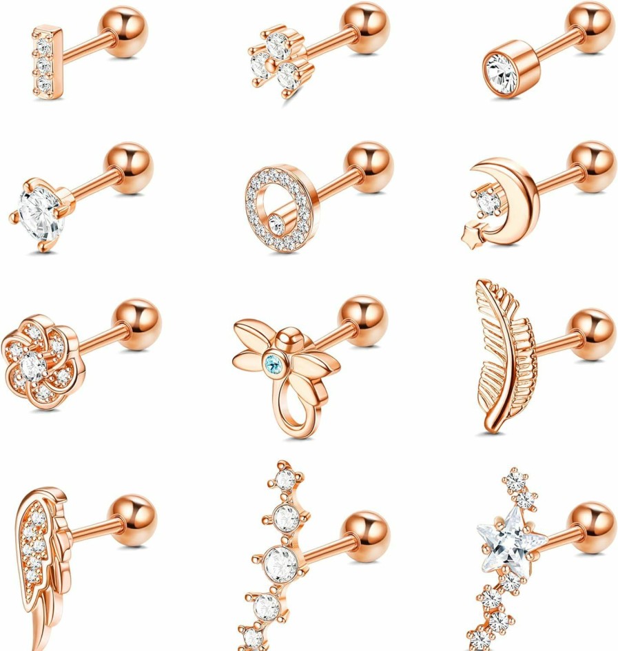 FASACCO Body Piercing Studs | Fasacco 12Pcs 18G Stainless Steel Barbell Helix Cartilage Stud Earrings Cz Leaf Dragonfly Flower Wing Moon Star Forward Helix Tragus Daith Conch Piercing Jewelry For Women Men