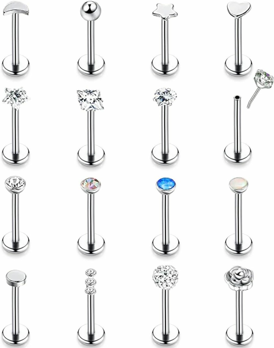 LOAYHOAY Body Piercing Studs | Loayhoay 16Pcs 16G 18G 20G Stainless Steel Threadless Push In Nose Stud Ring For Women Men Lip Ring Cz Flower Heart Cartilage Helix Earring Piercing Set