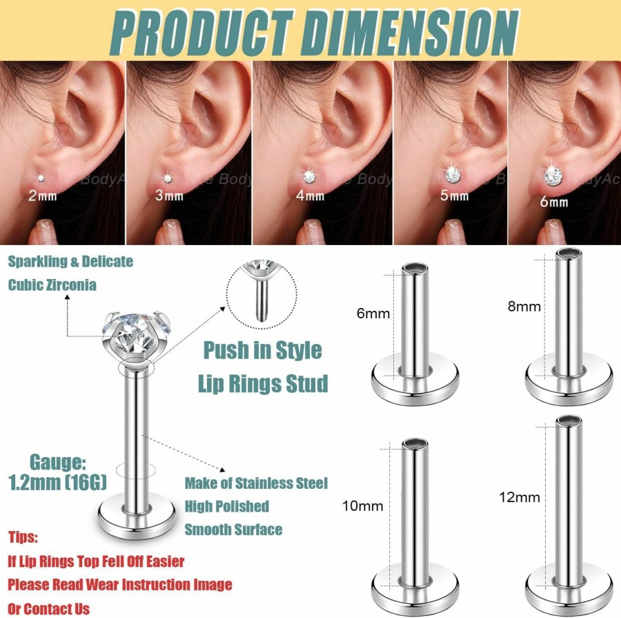 BodyAce Body Piercing Studs | Bodyace 5Pcs Push-In Tragus Cartilage Earring, 16G 18G 20G Threadless Lip Rings Labret Studs, Nose Studs Helix Conch Piercing Jewelry With Piercing Disc