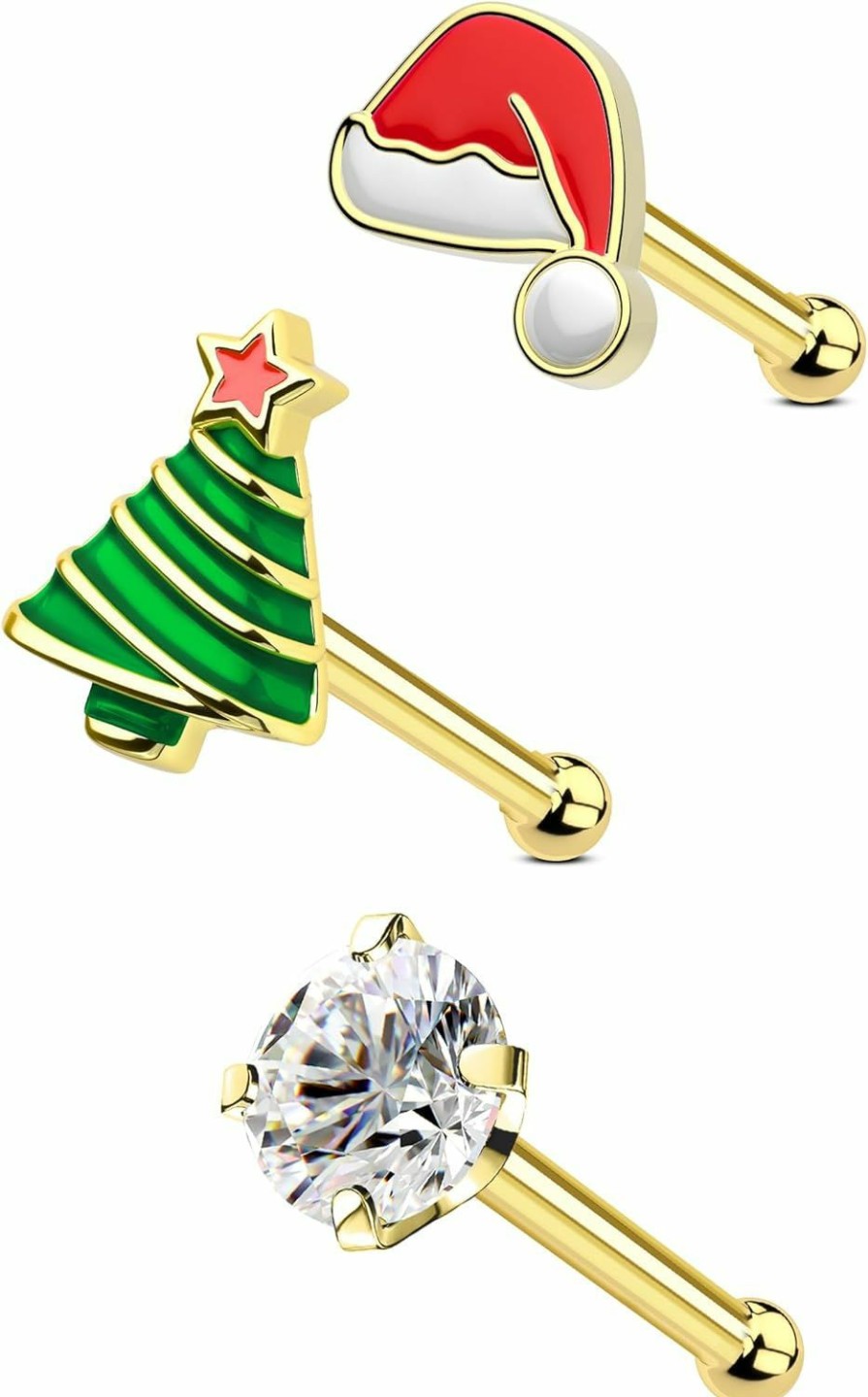 COCHARM Body Piercing Studs | Cocharm 3Pcs 20G Christmas Nose Stud Long Post Gold Xmas Bone Nose Stud Pack Cute Santa Hat Nose Pin Holly Tree Nose Stud 20G Christmas 7Mm Nose Piercing Jewelry