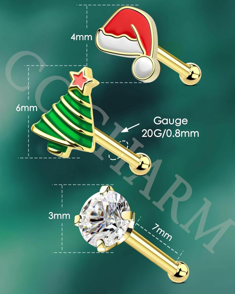 COCHARM Body Piercing Studs | Cocharm 3Pcs 20G Christmas Nose Stud Long Post Gold Xmas Bone Nose Stud Pack Cute Santa Hat Nose Pin Holly Tree Nose Stud 20G Christmas 7Mm Nose Piercing Jewelry