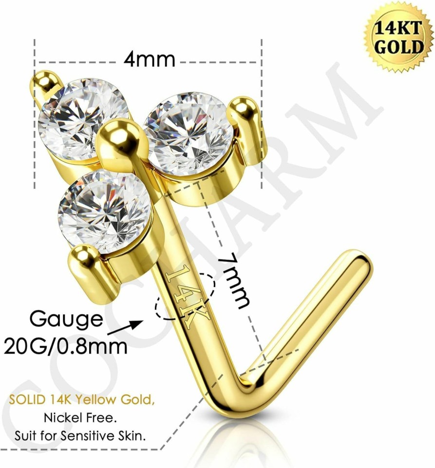 COCHARM Body Piercing Studs | Cocharm 14K Solid Gold Triangle Cz Nose Stud 20G 14K Yellow Gold Flower Nose Rings Hypoallergenic L Shape Nose Piercing For Women Men