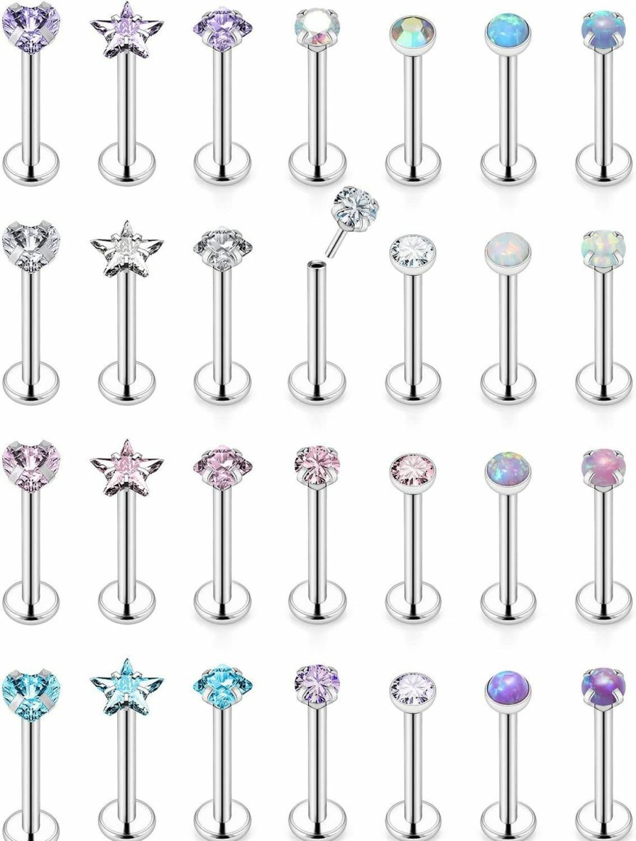 Vsnnsns Body Piercing Studs | Vsnnsns 20G 18G 16G Push In Lip Rings Stainless Surgical Steel Labret Jewelry Monroe Lip Rings Nail Cartilage Tragus Helix Earrings Studs Nose Ring Medusa Piercing Jewelry For Women Men Opal Cz 28Pcs