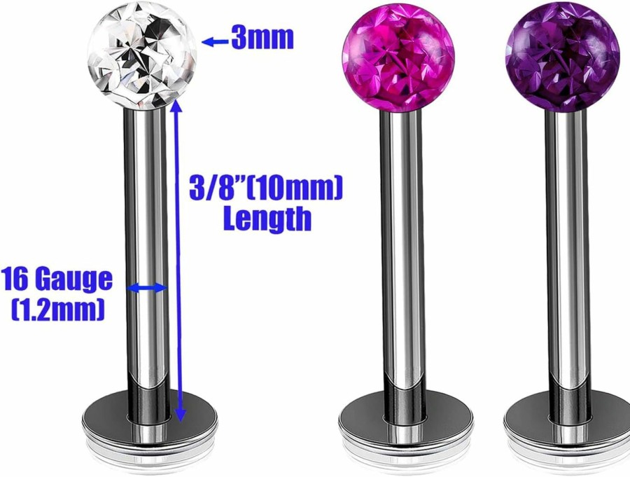 Generic Body Piercing Studs | 3Pcs Titanium G23 16G Labret Studs Piercing Jewelry Monroe Tragus Vertical Labret Cartilage 3Mm Ferido Crystal More Choices