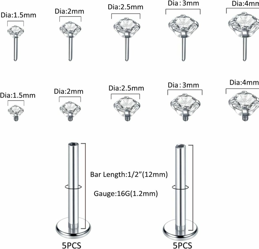 Oveta Body Piercing Studs | Oveta 16G 18G Lip Rings For Women Internal Thread And Threadless Flat Back Tragus Cartilage Earrings Piercing Jewelry Stainless Steel