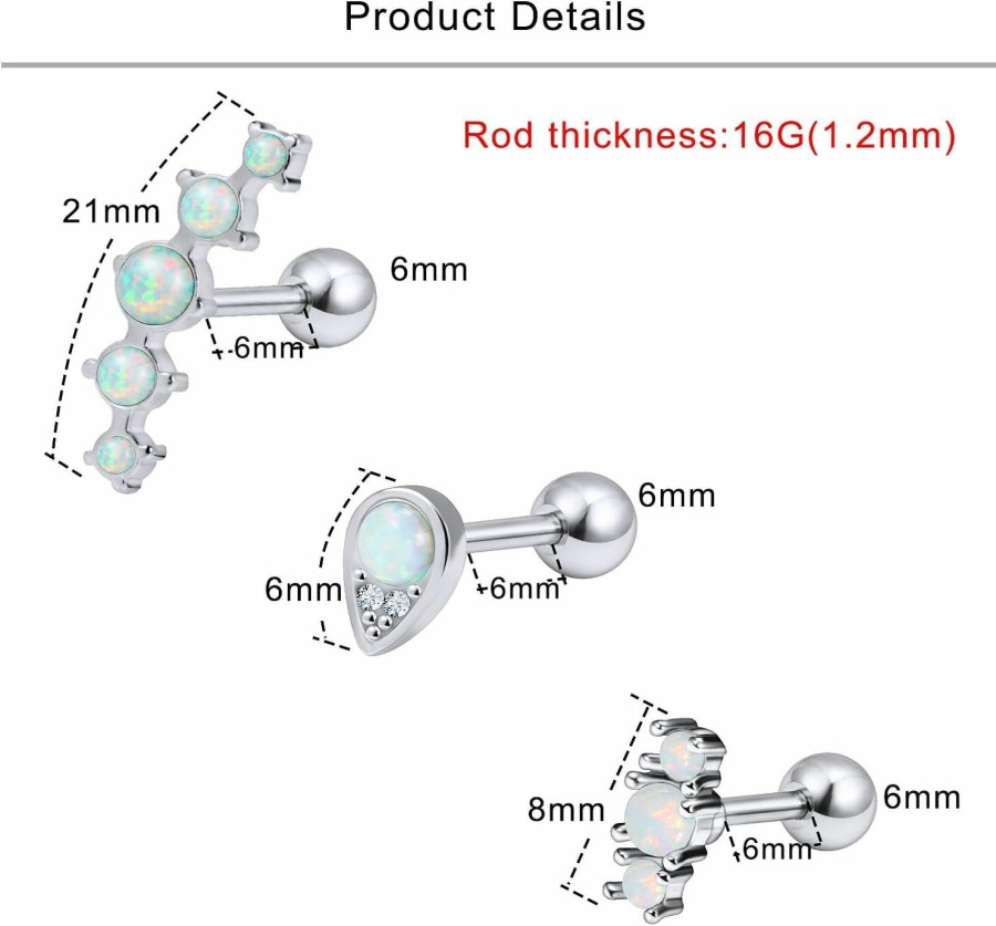 Lcolyoli Body Piercing Studs | Lcolyoli Opal Cartilage Earring Stud For Women Externally Threaded Stainless Steel 16G Conch Tragus Helix Piercing Jewelry Set