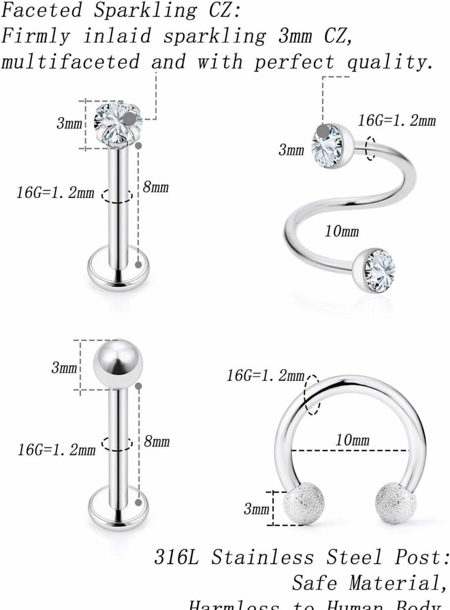 Xnsjeyy Body Piercing Studs | Xnsjeyy 16G Lip Rings For Women Stainless Steel Horseshoe Rings Lip Studs Medusa Labret Monroe Lip Rings Piercing Jewelry Tragus Helix Cartilage Forward Earrings Piercing Jewelry Retainer 19Pcs