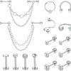 FIBO STEEL Body Piercing Studs | Fibo Steel 16Pcs 16G Surgical Stainless Steel Cartilage Earrings Stud Hoop For Women Tragus Stud Earring Cartilage Piercing With Chain Forward Helix Earrings Hoop Conch Piercings Jewelry Silver Tone