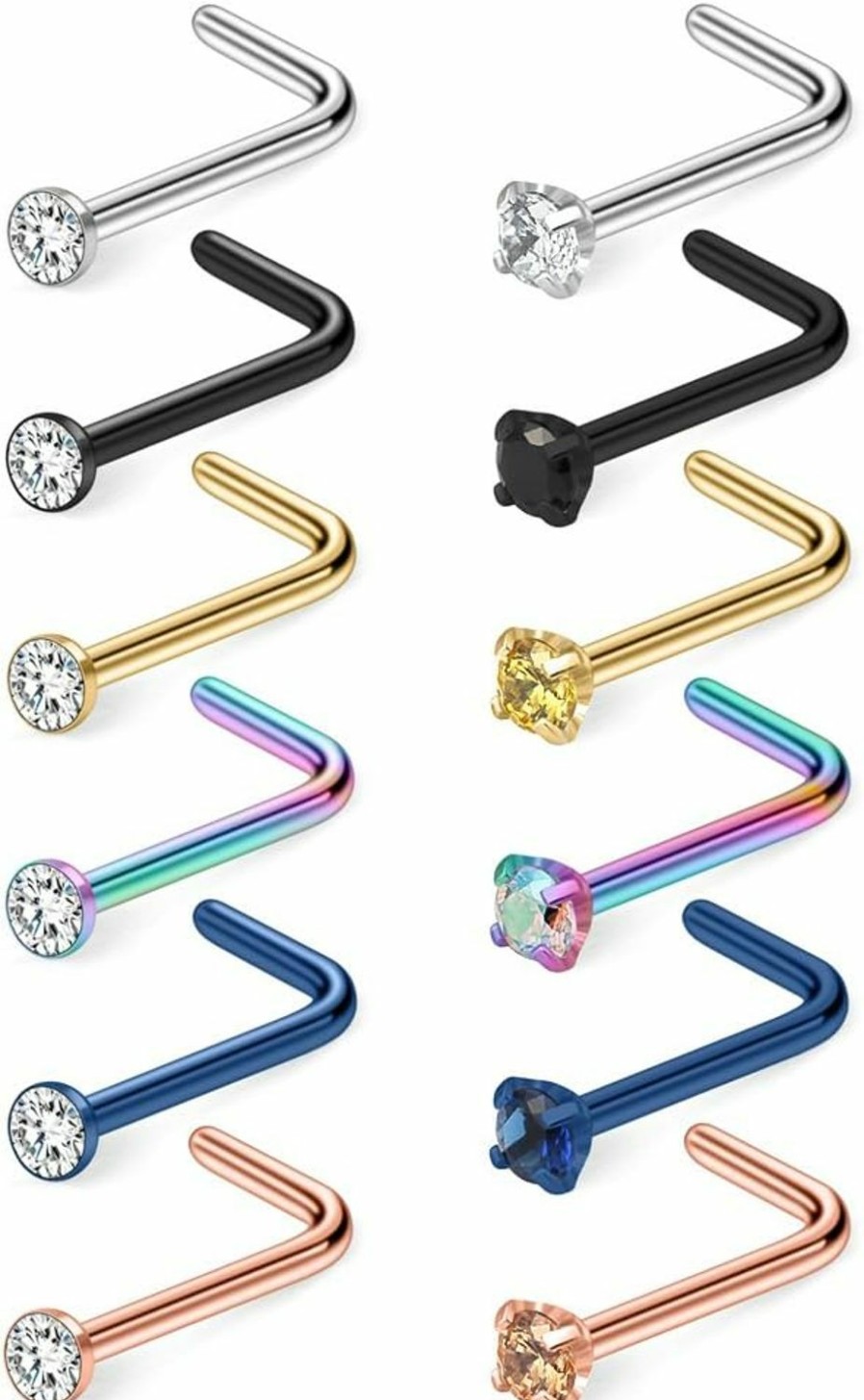 Ruifan Body Piercing Studs | Ruifan 12Pcs 18G Mix Color Stainless Steel Clear Diamond Cz Nose Studs Rings L Shaped Piercing Jewelry 1.5Mm 2Mm 2.5Mm 3Mm