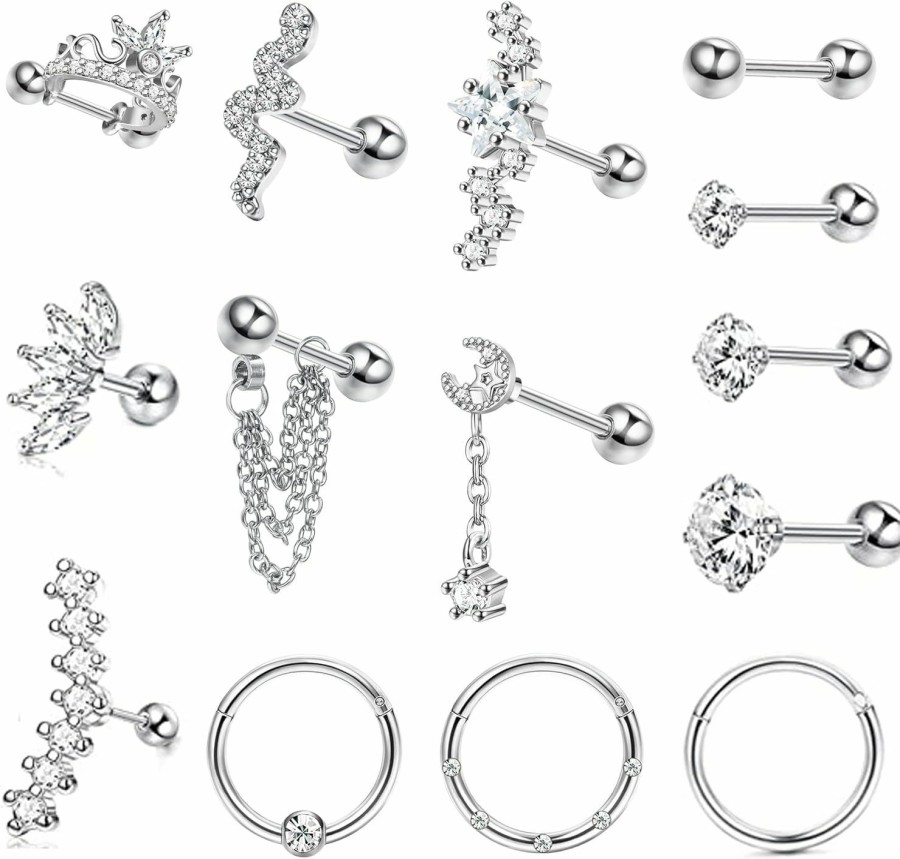 Jstyle Body Piercing Studs | Jstyle 14Pcs Stainless Steel Stud Earrings Set For Women Men Star Moon Snake 16G Cartilage Earrings Set Hypollergenic Screw Back Earrings Helix Piercing Jewelry