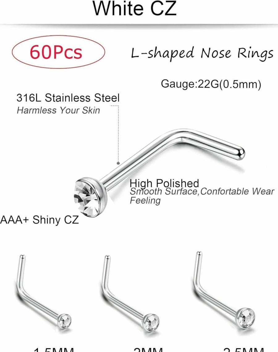 Jstyle Body Piercing Studs | Jstyle 60Pcs L Nose Piercing Studs Jewelry For Women Stainless Steel Body Ear Piercing 22G 1.5Mm 2Mm 2.5Mm