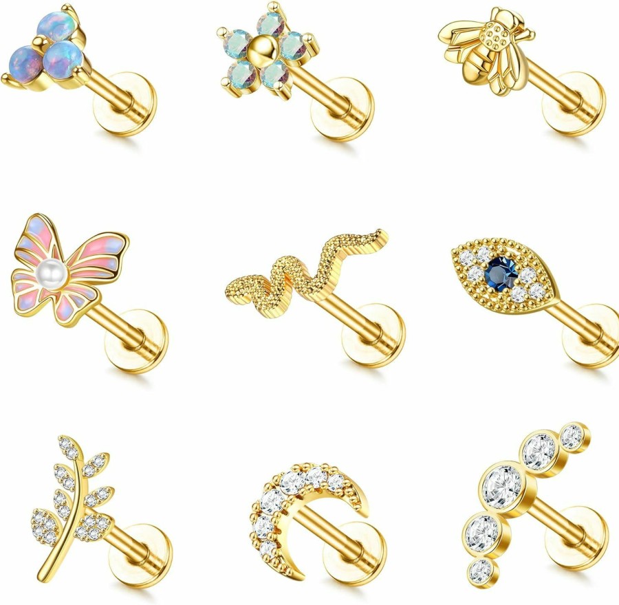 FUNRUN JEWELRY Body Piercing Studs | Funrun Jewelry 9Pcs 16G Cartilage Earrings Stud For Women Stainless Steel Top Screw Flat Back Earrings Butterfly Moon Flower Cz Cartilage Earrings Helix Tragus Piercing Jewelry