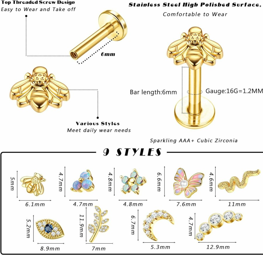 FUNRUN JEWELRY Body Piercing Studs | Funrun Jewelry 9Pcs 16G Cartilage Earrings Stud For Women Stainless Steel Top Screw Flat Back Earrings Butterfly Moon Flower Cz Cartilage Earrings Helix Tragus Piercing Jewelry