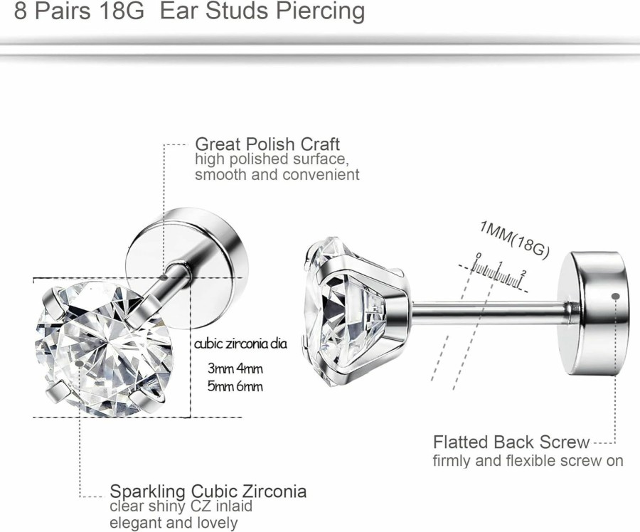 ORAZIO Body Piercing Studs | Orazio 6-8 Pairs 18G Stainless Steel Ear Stud Piercing Barbell Studs Earrings Round Cubic Zirconia Inlaid Cartilage Earring