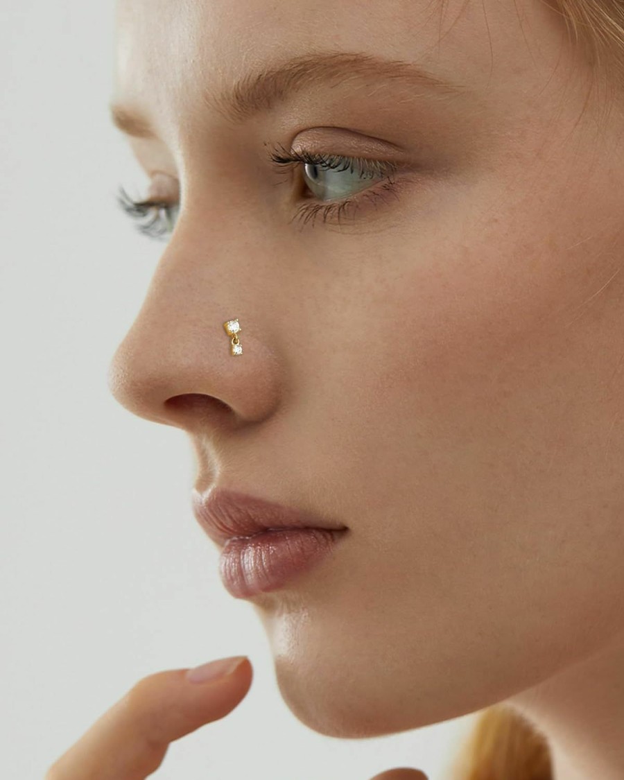 COCHARM Body Piercing Studs | Cocharm 14K Solid Gold Dangle Nose Stud 20G Yellow Gold L Bend Nostril Nose Stud 7Mm Long Dangling Nose Piercing 14Kt Real Gold Nose Stud Nose Rings Hypoallergenic Press Fit Nose Jewelry