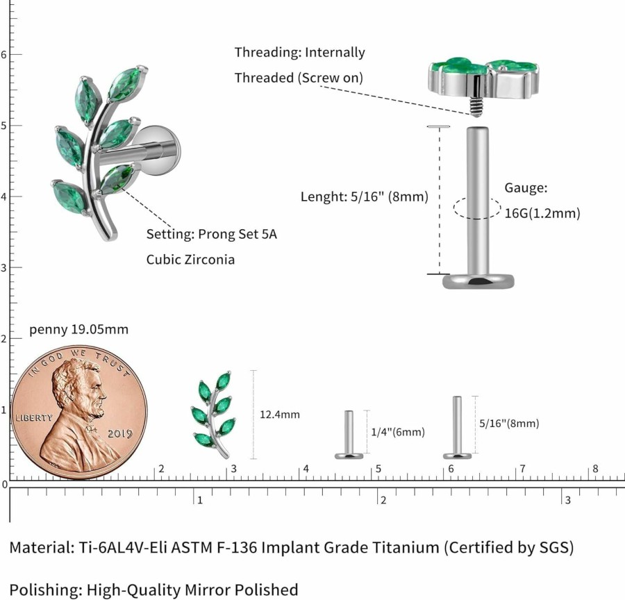 FINE4U Body Piercing Studs | Fine4U Astm F136 Titanium 16G Screw On Leaf Flatback Stud For Flat, Helix, Tragus, Conch, Lobe - Hypoallergenic Nickel Free Cartilage Earring Piercing Jewelry