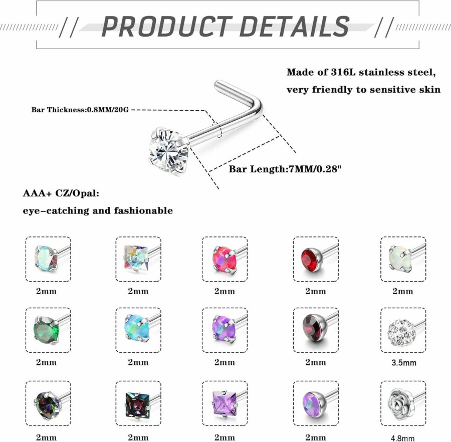 YADOCA Body Piercing Studs | Yadoca 50Pcs Hypoallergenic Nose Rings 20G Surgical Steel Nose Rings Studs L Shaped Nose Piercing Jewelry Cz Opal Heart Nose Studs Set For Women Men