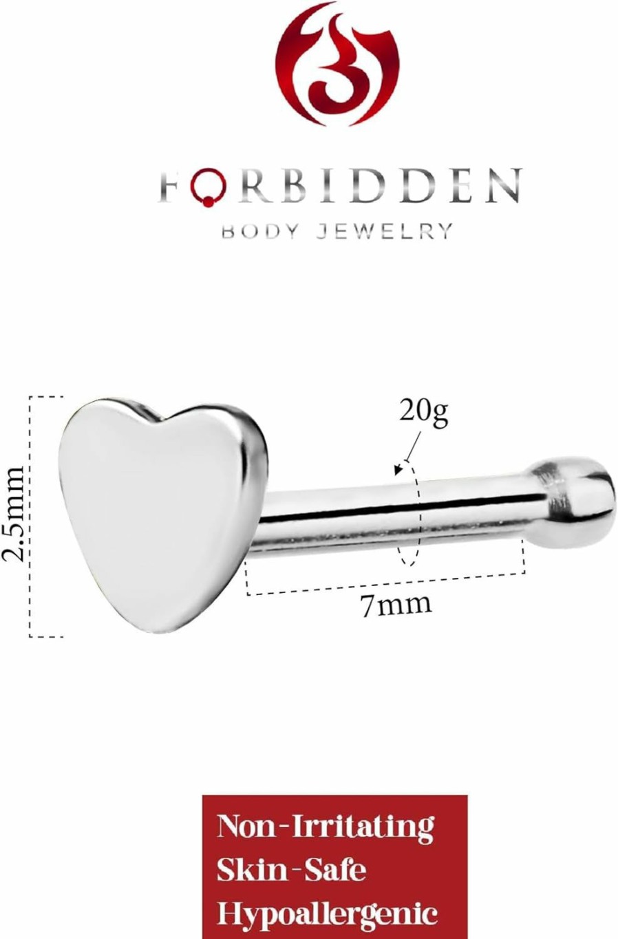 Forbidden Body Jewelry Body Piercing Studs | 20G Surgical Steel Heart Straight Nose Stud Jewelry