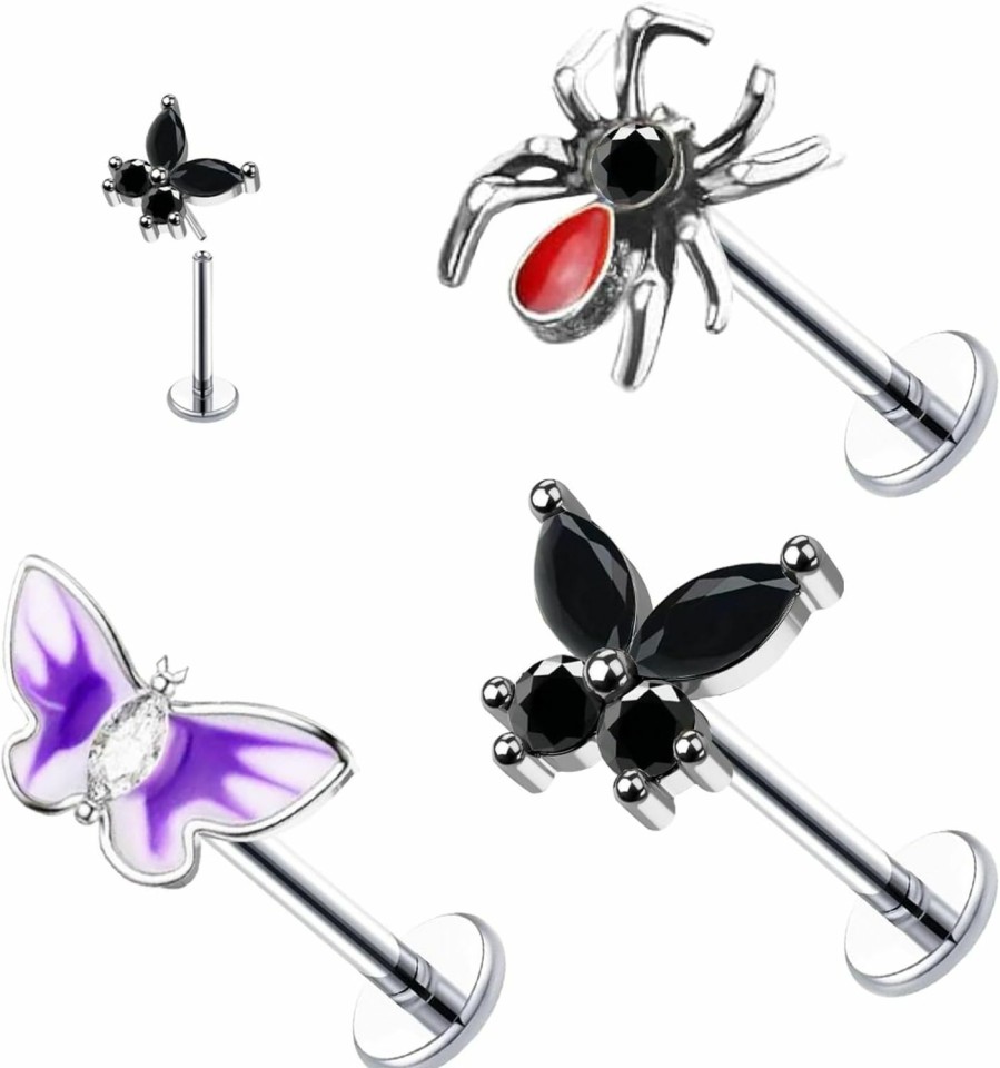 VERAMI Body Piercing Studs | Verami 316L 16G Pushin Lip Rings Top Push In Threadless Spider Butterfly Nose Stud Rings Heart Moon Lip Ring Stud Surgical Steel Flat Back Cartilaginous Earring Studs For Womens