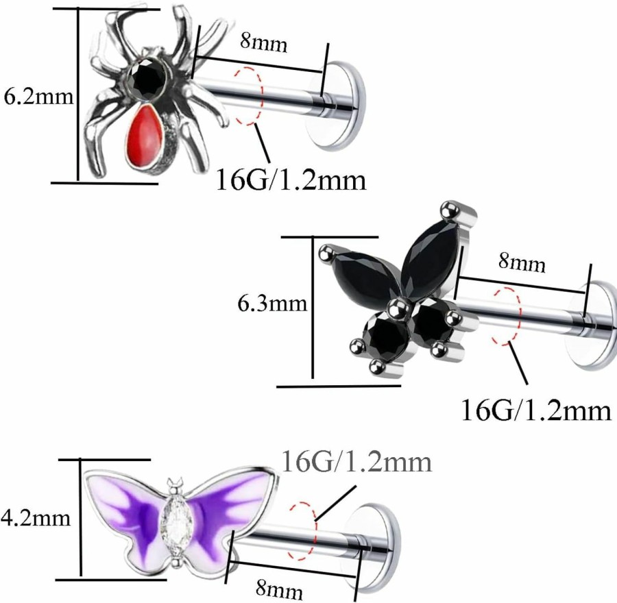 VERAMI Body Piercing Studs | Verami 316L 16G Pushin Lip Rings Top Push In Threadless Spider Butterfly Nose Stud Rings Heart Moon Lip Ring Stud Surgical Steel Flat Back Cartilaginous Earring Studs For Womens