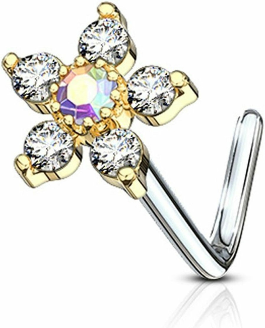 Forbidden Body Jewelry Body Piercing Studs | Forbidden Body Jewelry 20G Surgical Steel L Shaped Nose Ring With Large Two-Tone 6-Cz Crystal Flower Top