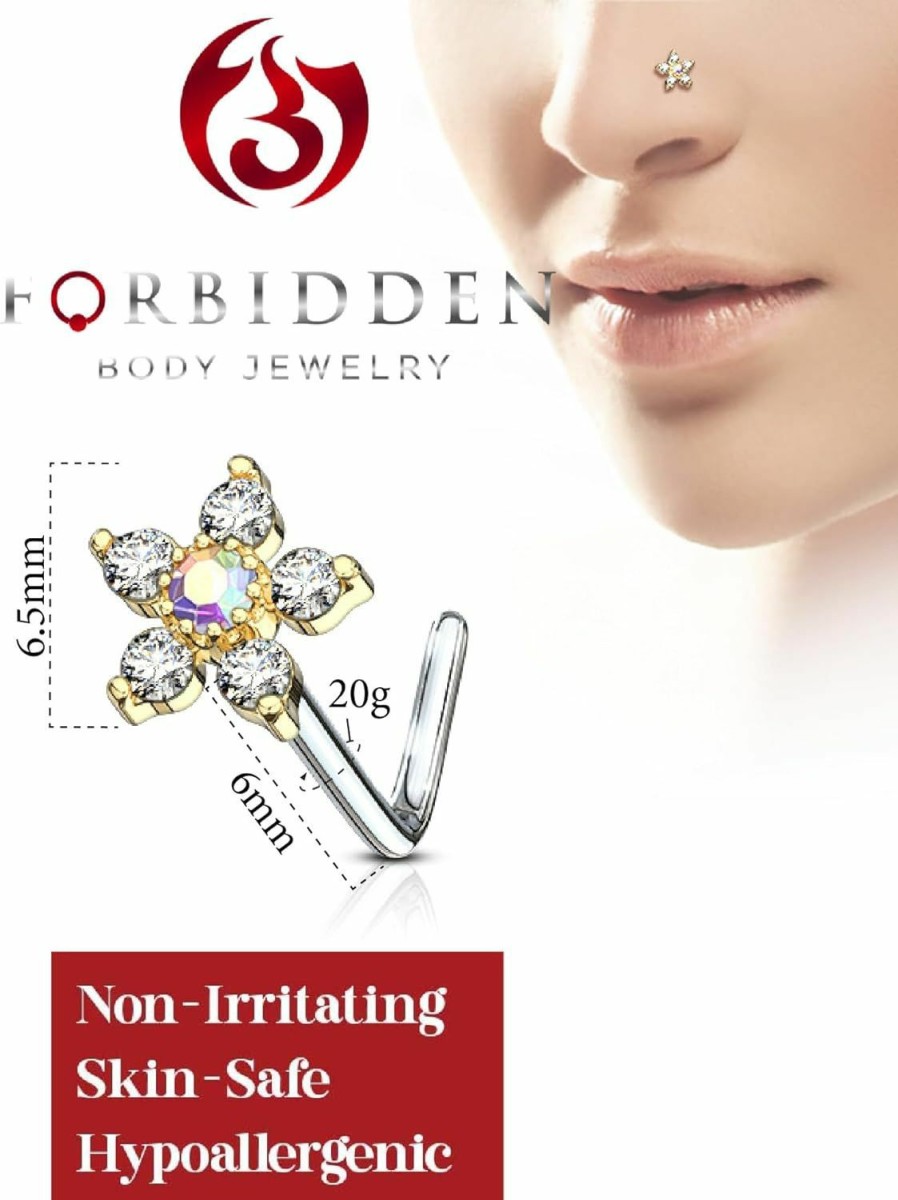 Forbidden Body Jewelry Body Piercing Studs | Forbidden Body Jewelry 20G Surgical Steel L Shaped Nose Ring With Large Two-Tone 6-Cz Crystal Flower Top